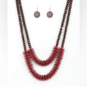 Red and brown wooden 2 tiered necklace with earrings